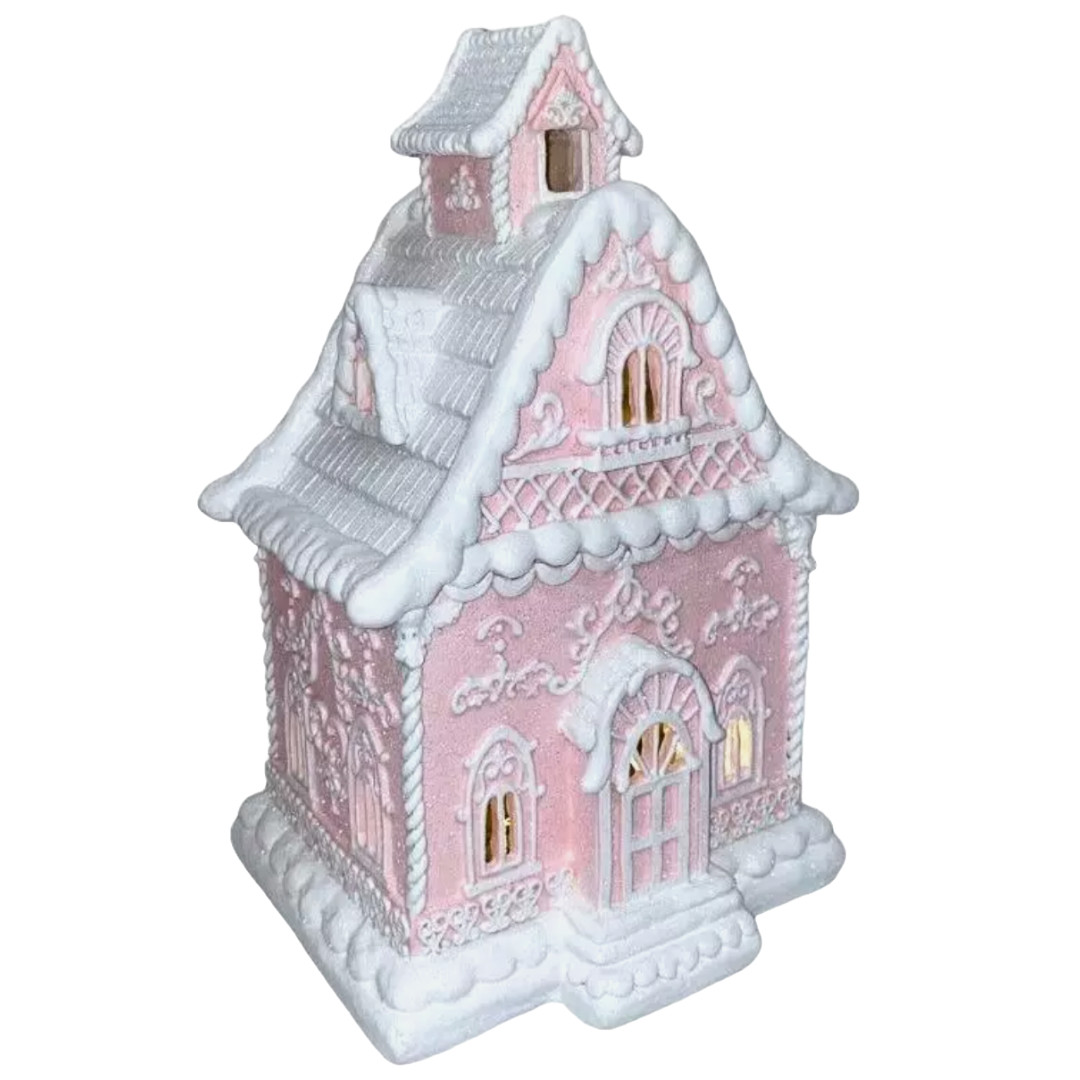 Christmas PINK White 14″ Victorian LED Village Icing GINGERBREAD HOUSE Decor