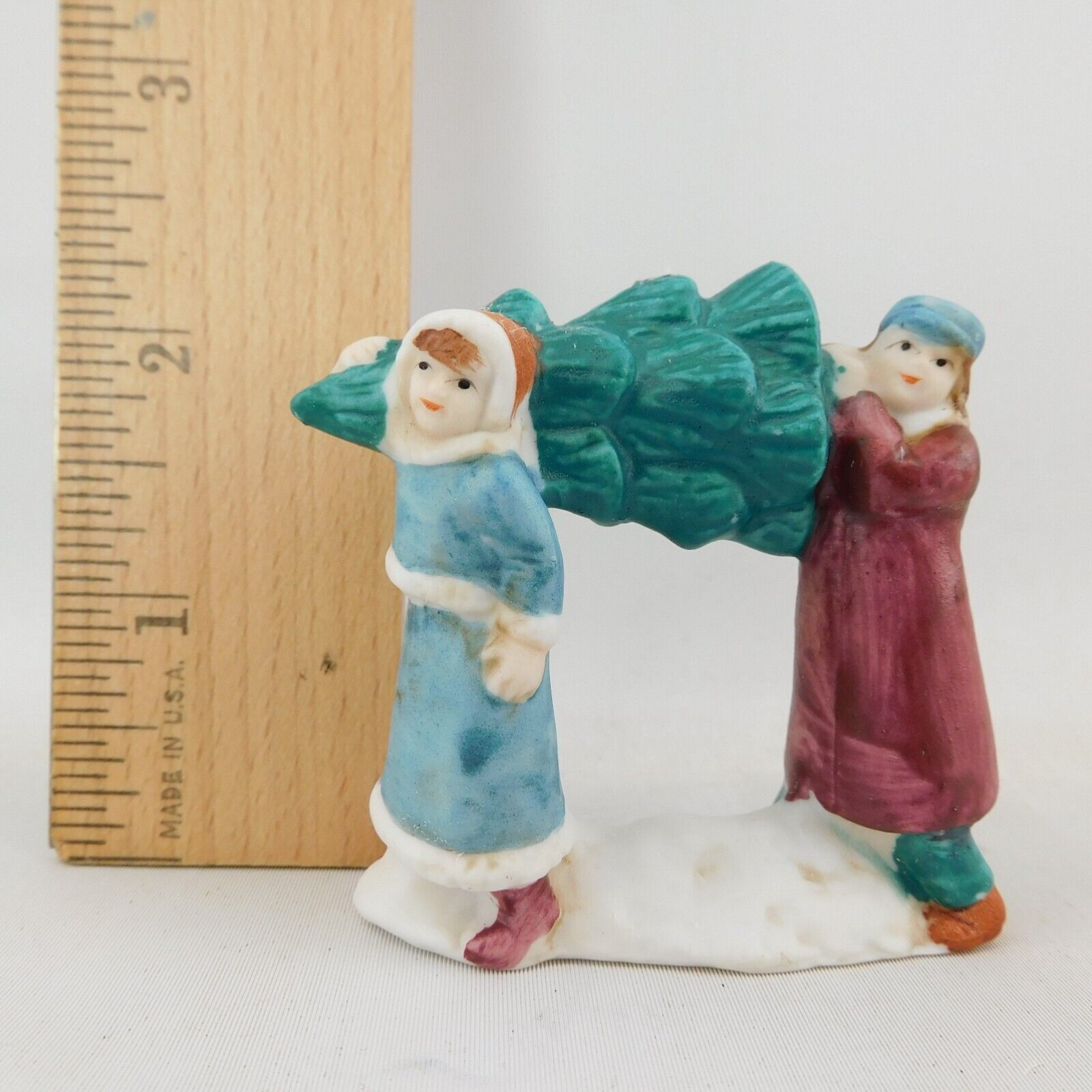 Brother and Sister Carrying Christmas Tree Figure Christmas Village Vtg Taiwan