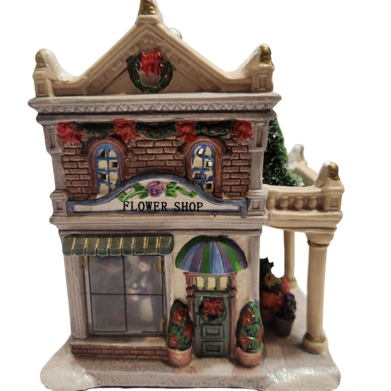 Hand-Painted Ceramic Flower Shop Christmas Village Figurine With Glitter Accents