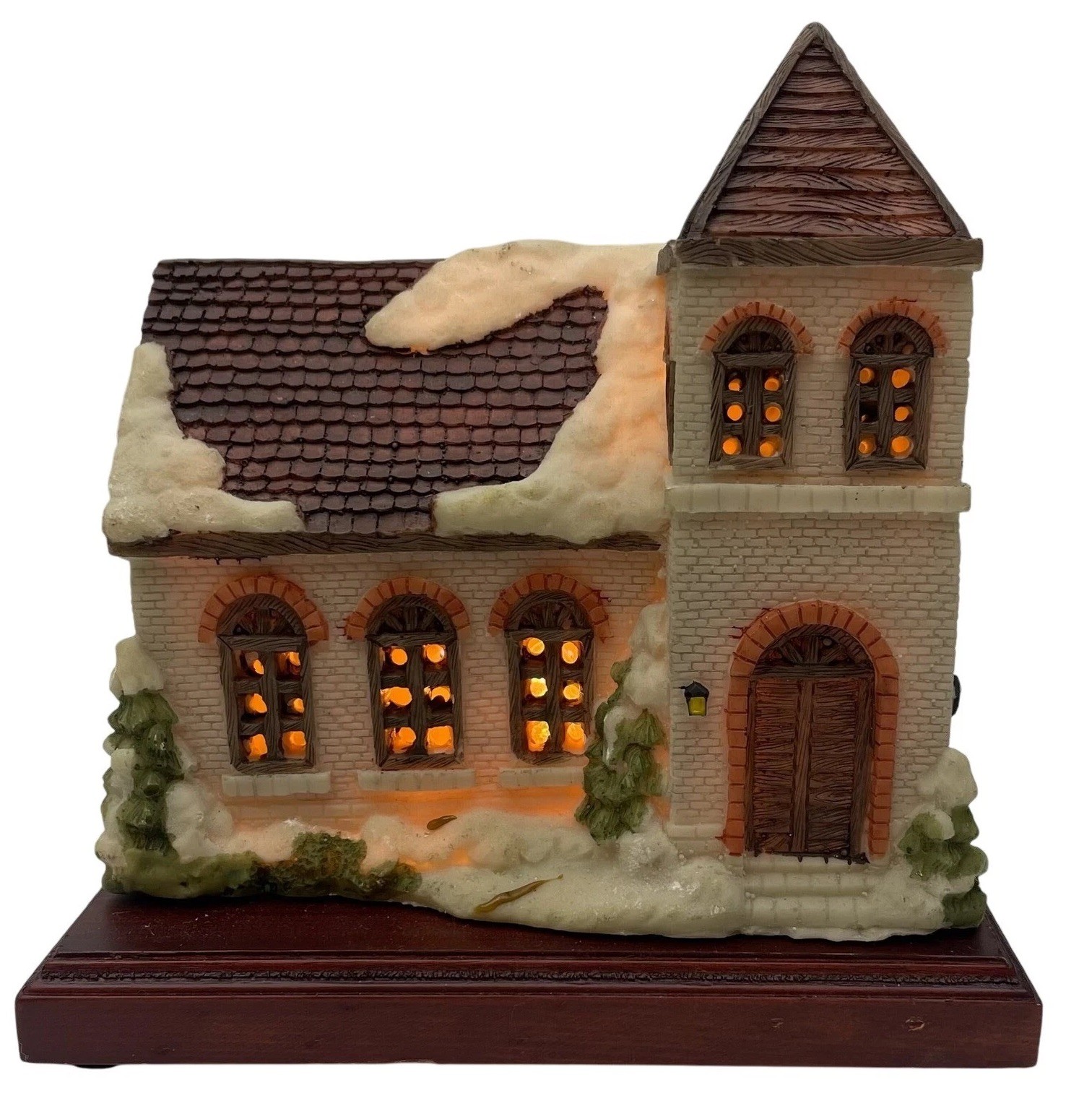 Vintage 1989 Jaimy Holiday Village Ceramic Church Wood Display Base Lighted READ