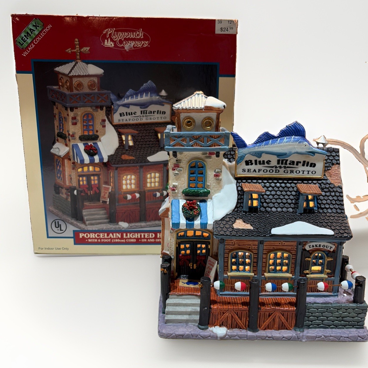 Lemax Plymouth Corners Lighted Blue Marlin Seafood Grotto Christmas Village 2001