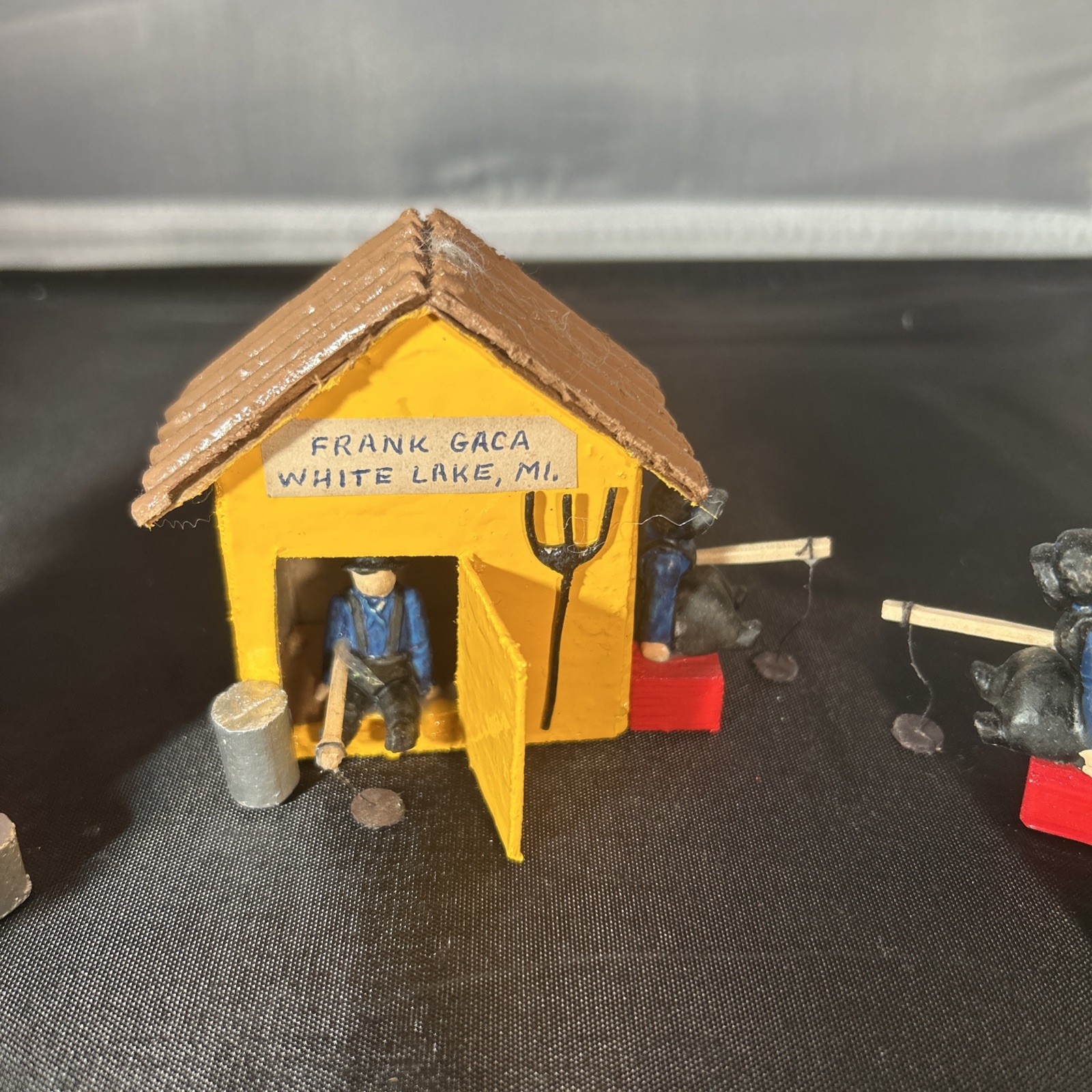 3 Vintage 80’s Painted Wood Christmas Village Ice Shanty W/Fishermen Folk Art 3”