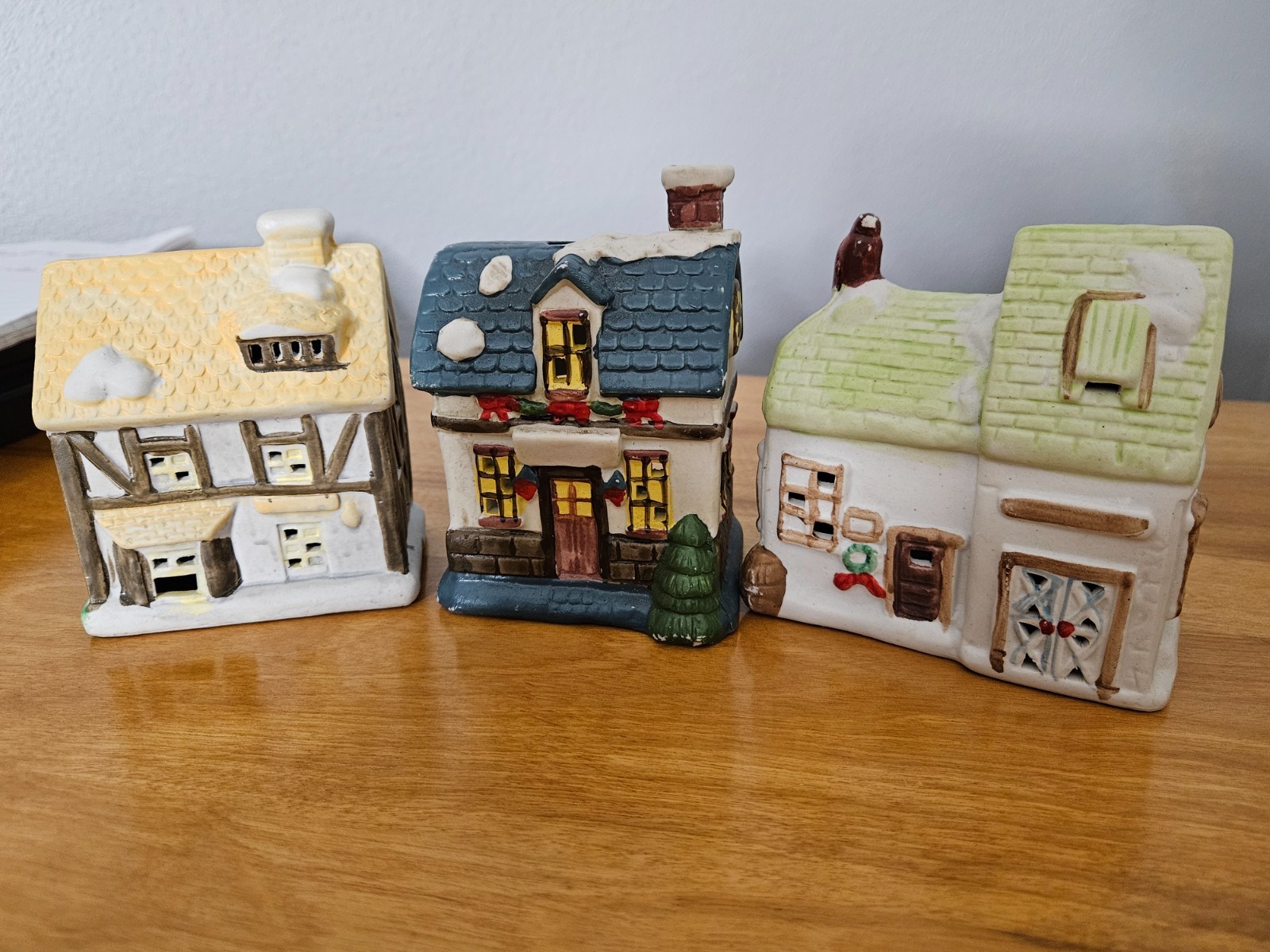 3 Village Houses Porcelain Handpainted Approximately 4 ” Tall