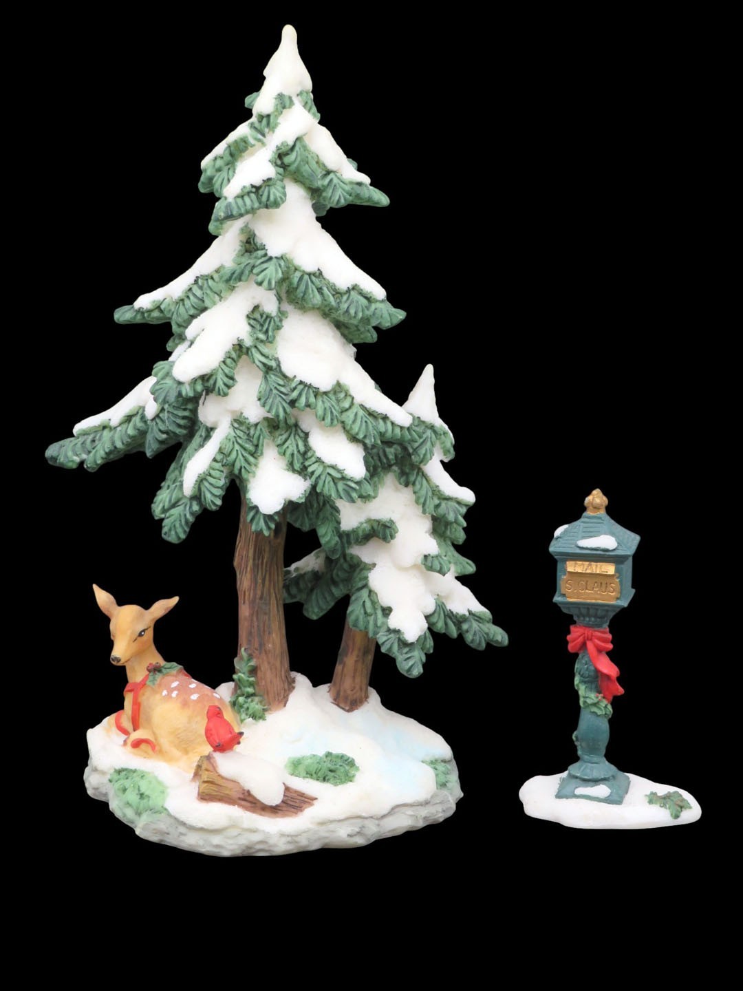 Christmas Village Figurine Fawn n Cardinal Under Snowy Pine Tree w Santa Mailbox