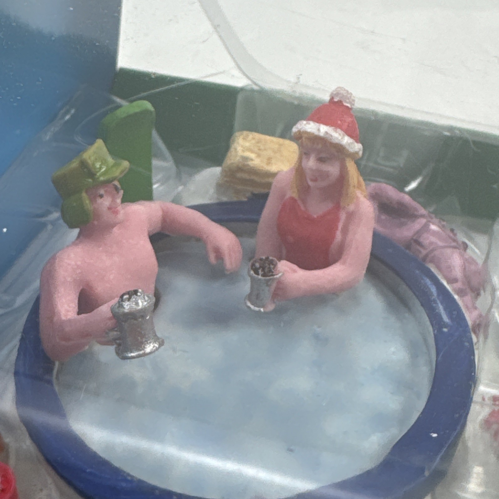 RARE Lemax Christmas Village Town Winter Hot Tubbing Skiers Couple Hot Tub Beer