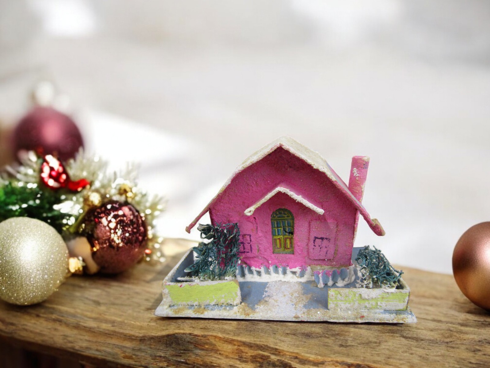 Vintage 1950s Japan Christmas Cardboard Paper Pink Putz House Mica Glitter