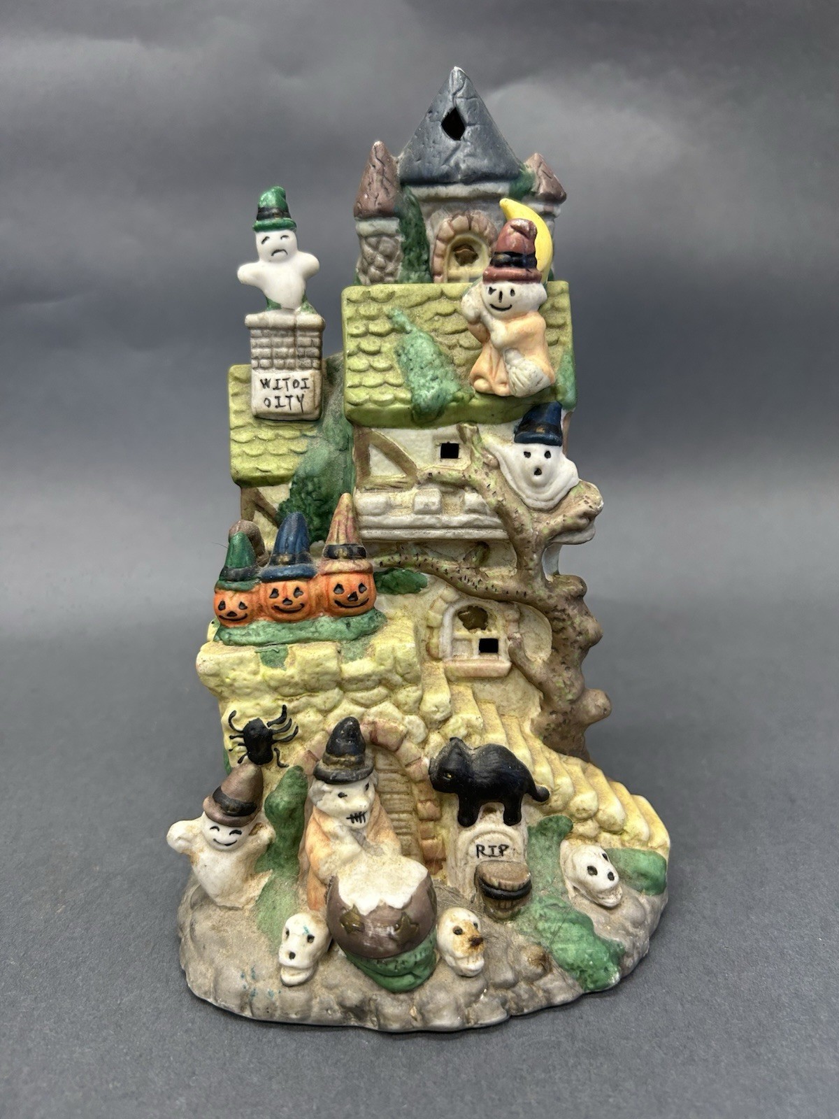 Vintage Spooky House 7.5” Ghosts Witch Skulls Pumpkins