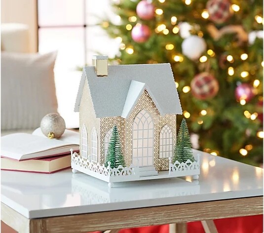 Illuminated Gold Pierced Metal Cottage w/ Bottlebrush Trees – Valerie Parr Hill