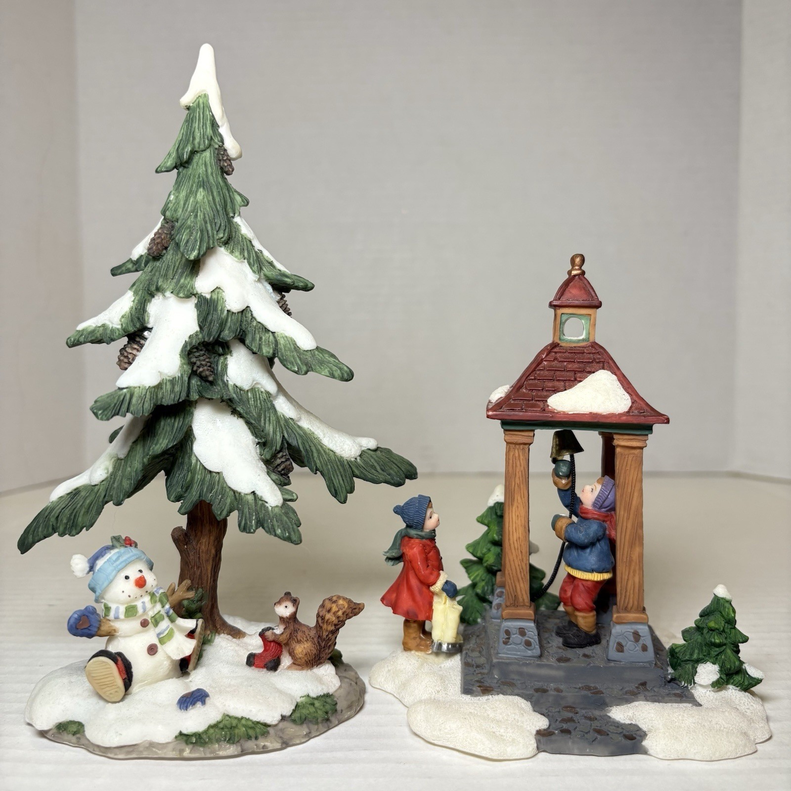 VTG Santas Workbench Xmas Village Figurines Lot Tree Snowman Bell Tower Children