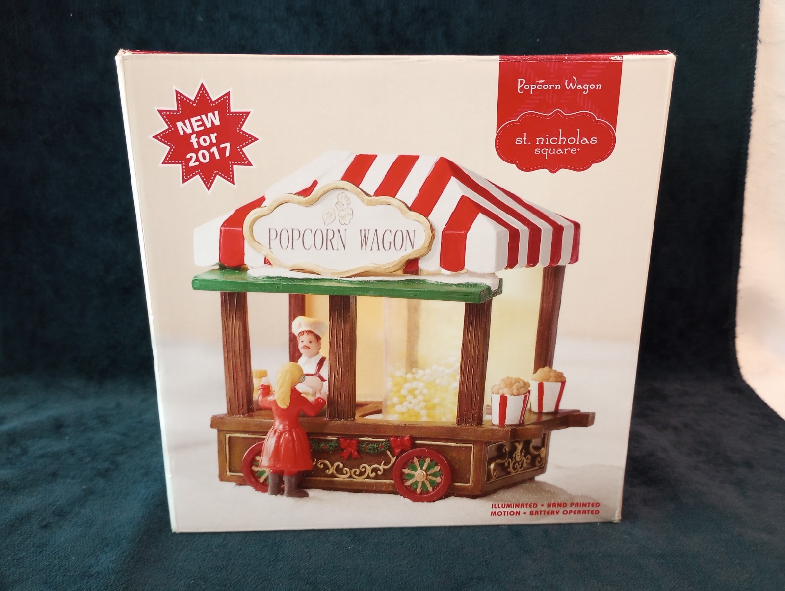 St Nicholas Square Popcorn Wagon w/ Light Moving Popping Corn Christmas Village