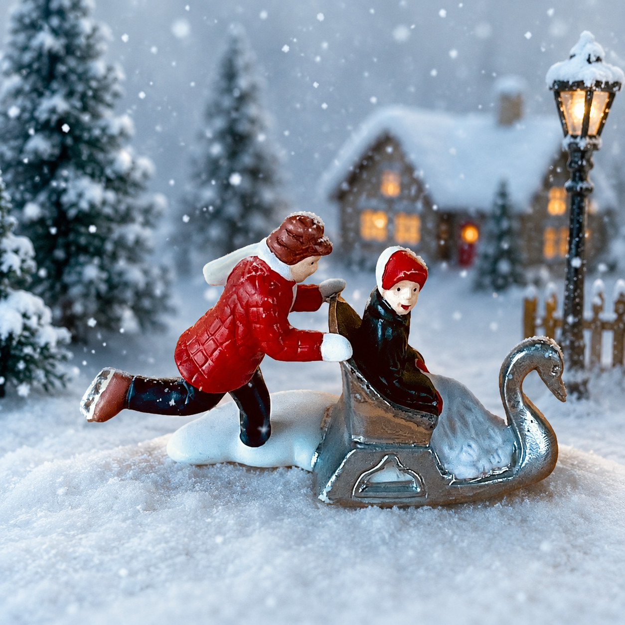 Dept 56 Porcelain Swan Sled Boys Christmas Village Figurine