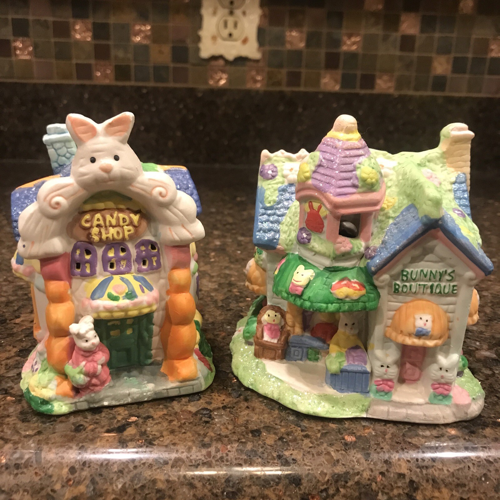 Set of 2 EASTER VILLAGE BUNNY HOUSES Candy shop & Bunny Boutique – Glitter Cute 
