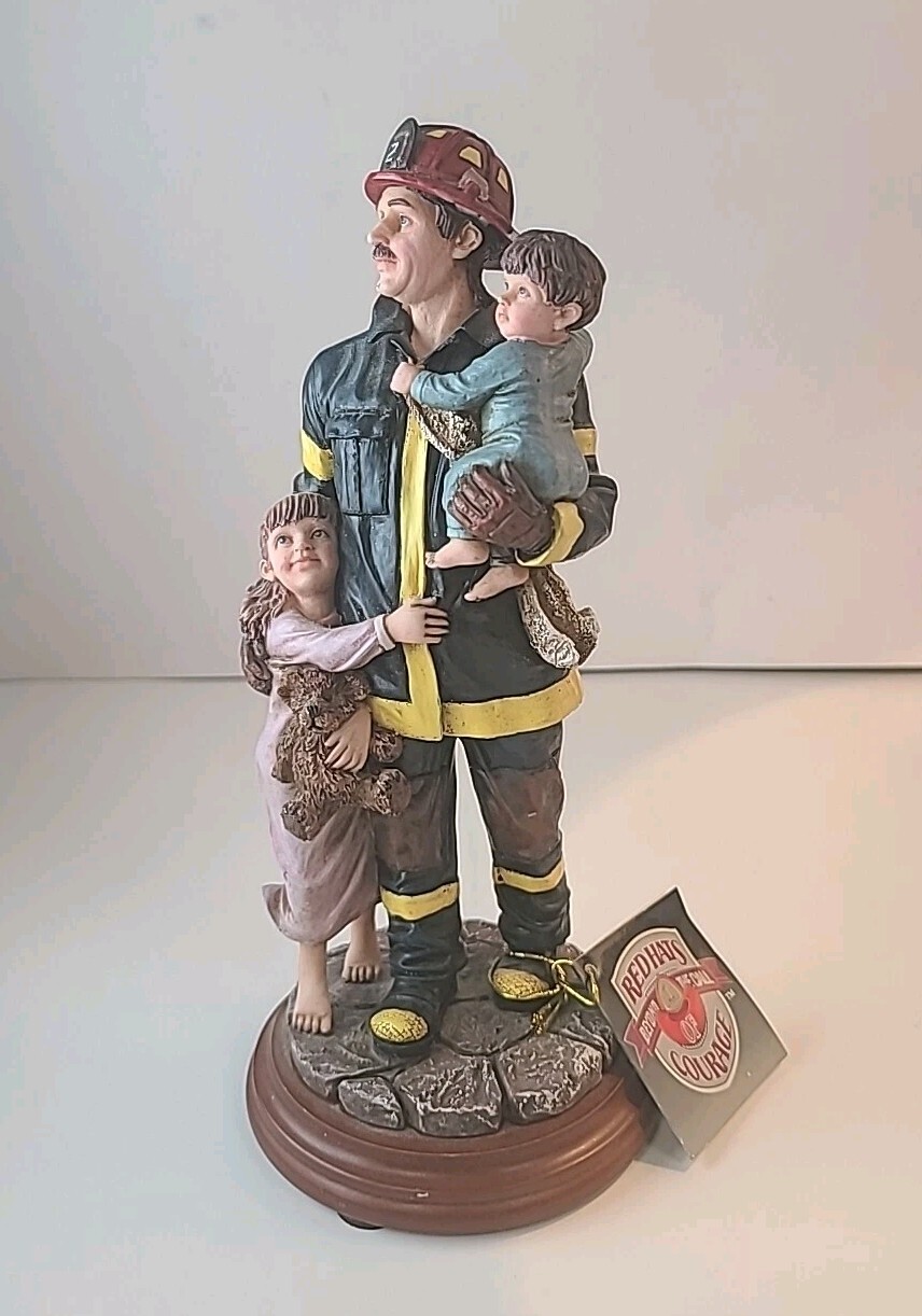 Vanmark Figurine 9” “Red Hats of Courage” Hero II Fireman & Kids 1998