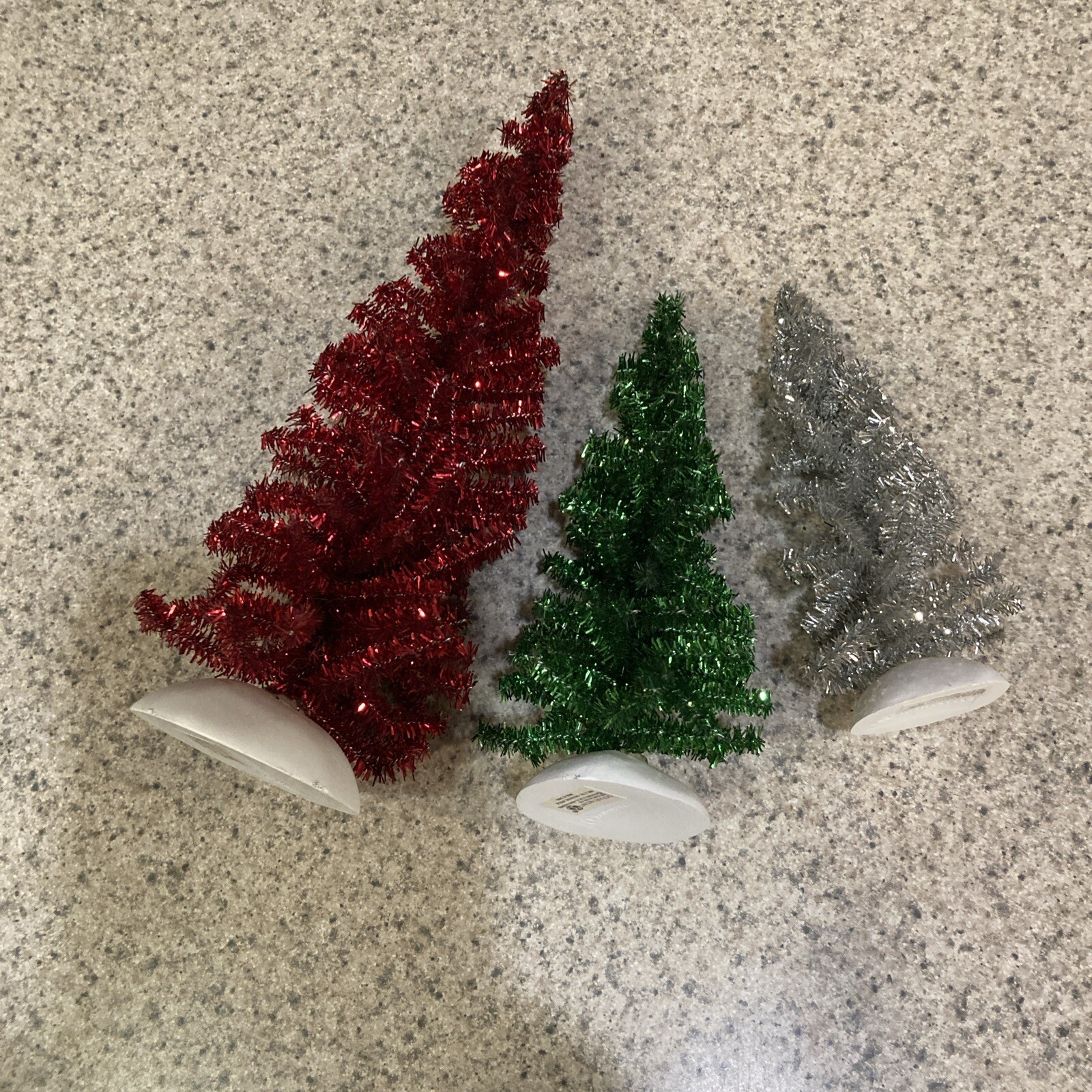 Christmas Village Accessory Classic Tinsel Trees Set of 3 Red Green Silver 53192