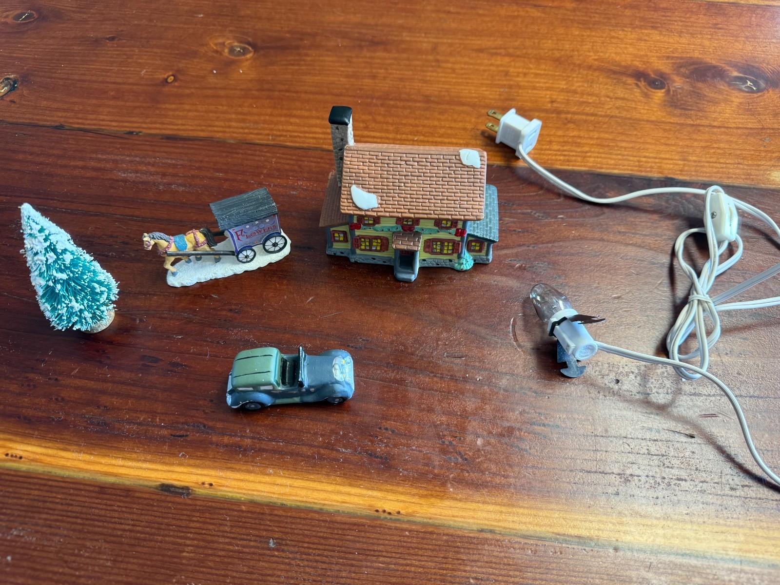 Christmas Village House Lot Lighted Building Tree Car Horse Wagon Cord Included