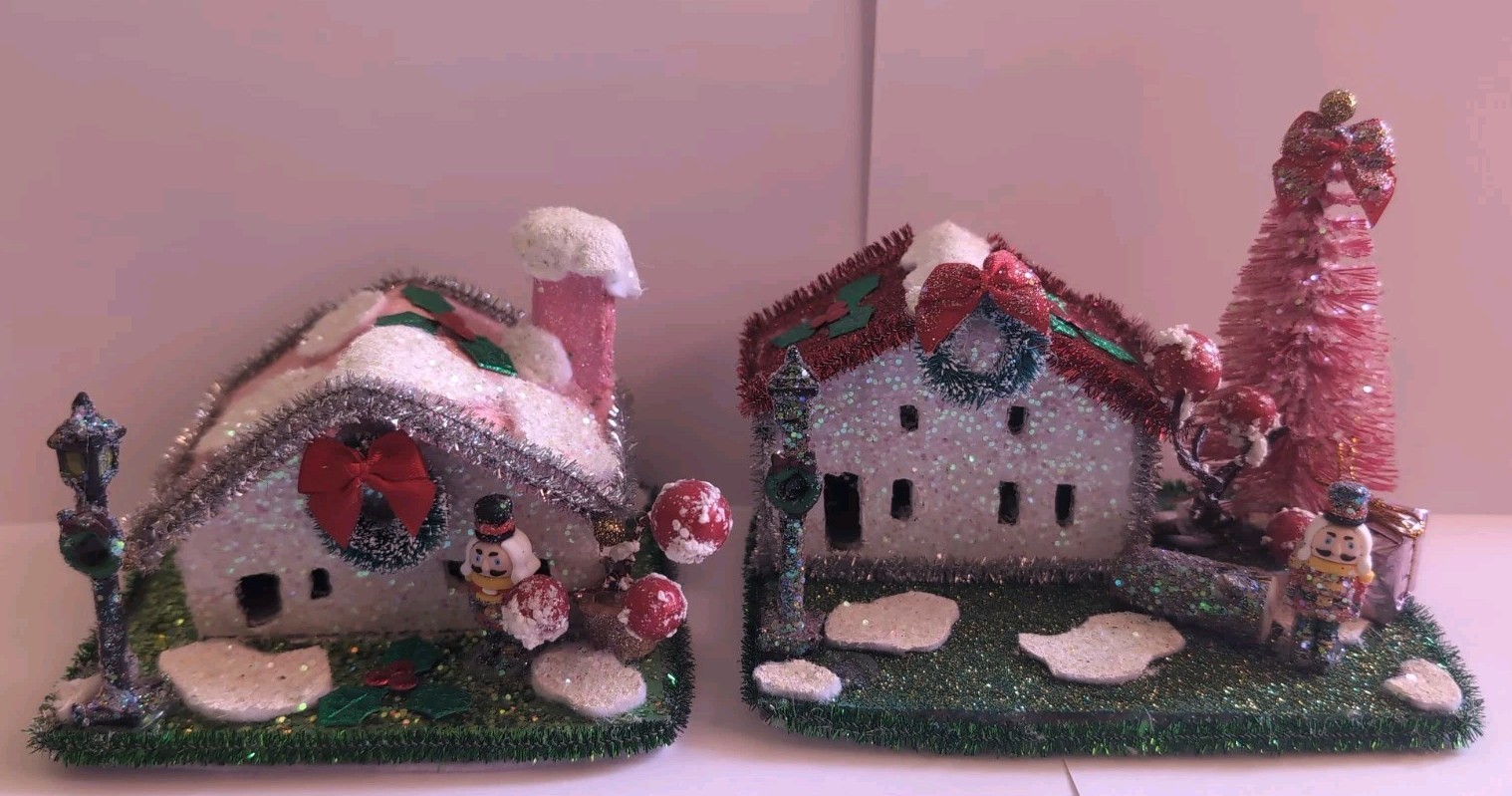 Set Of Putz Style Christmas Houses, Handmade, Glitter, Kitschy
