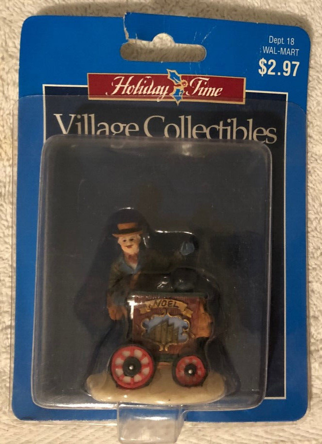 Christmas Village Accessory: Man Pushing an Old-Fashioned Crank Organ