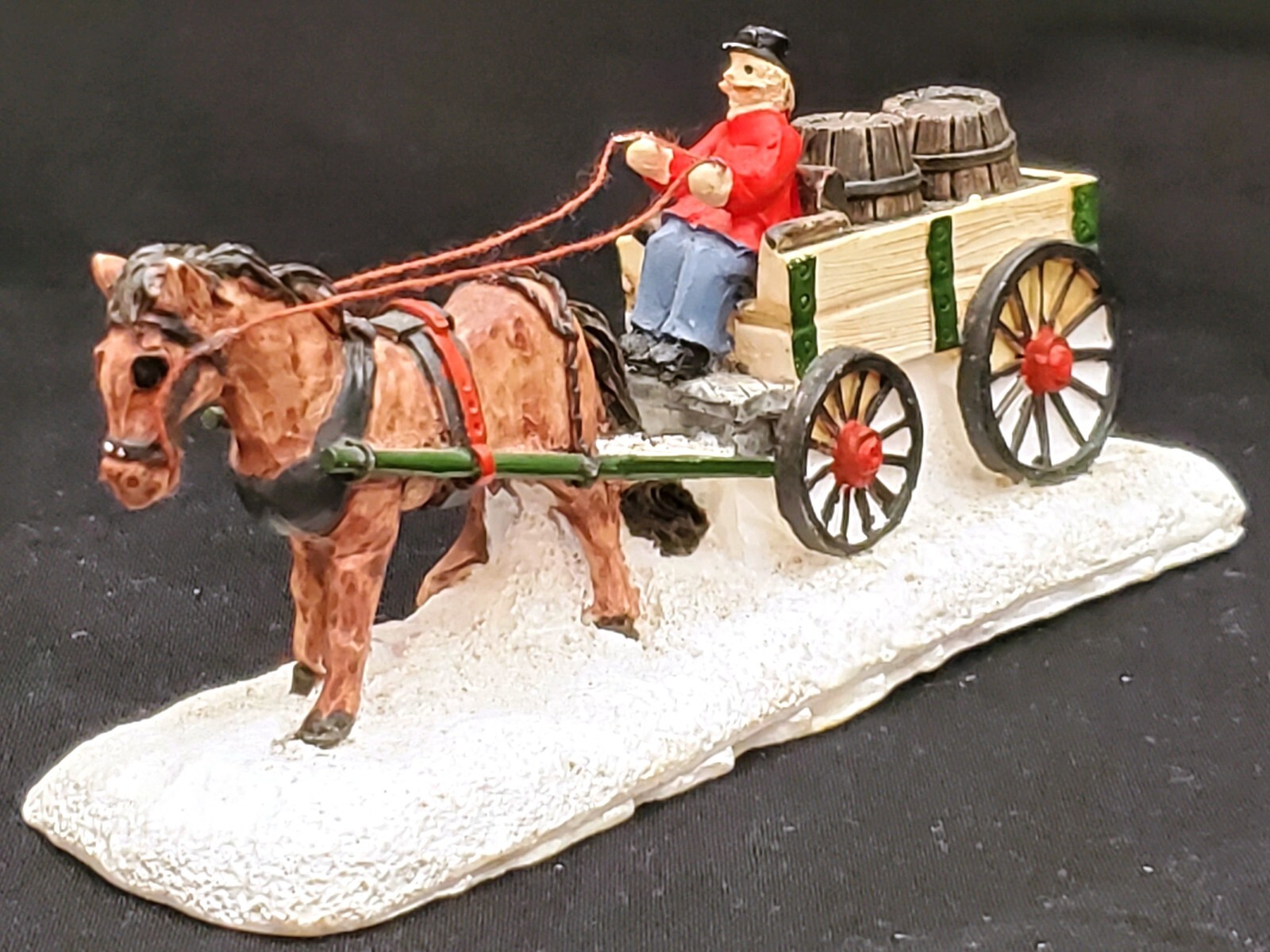 Horse pulling man in wagon full of barrels small scale Christmas Village figure