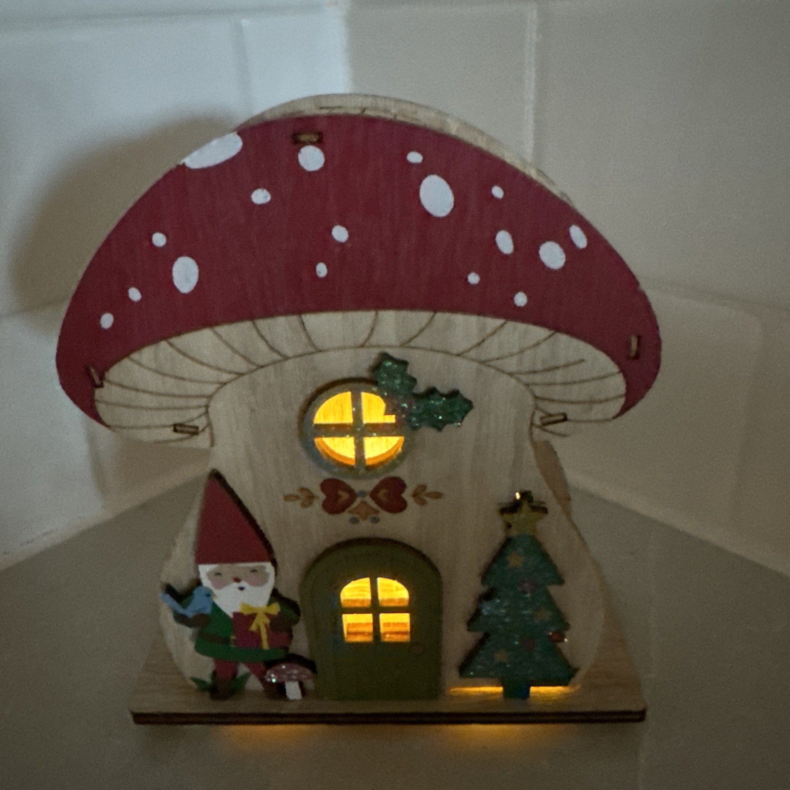 Laser Cut Mini Wood Mushroom House LED Light Up Decor World market Christmas New