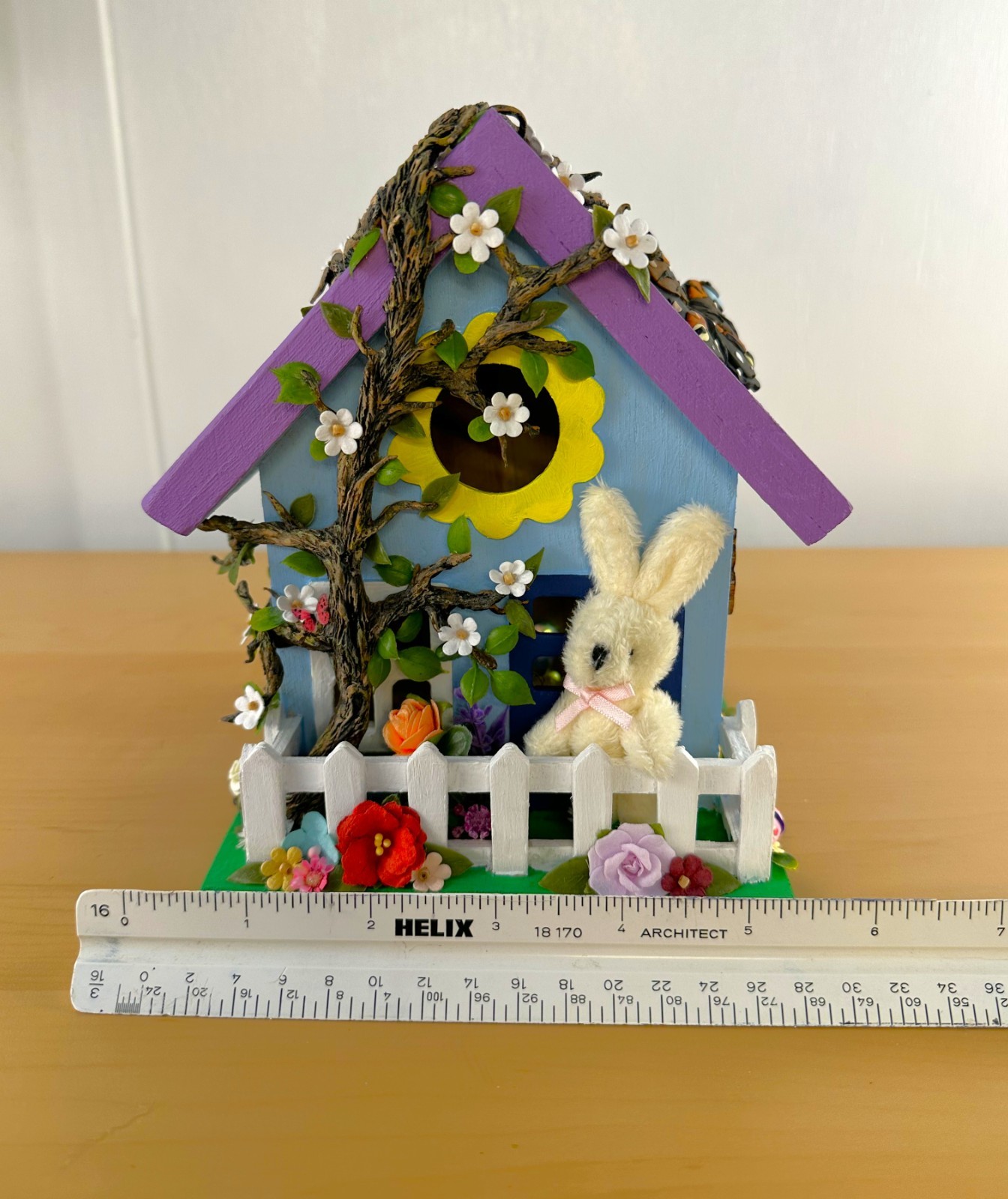 New Original Medium Blue Wooden Easter Village House with Lights and Fuzzy Bunny