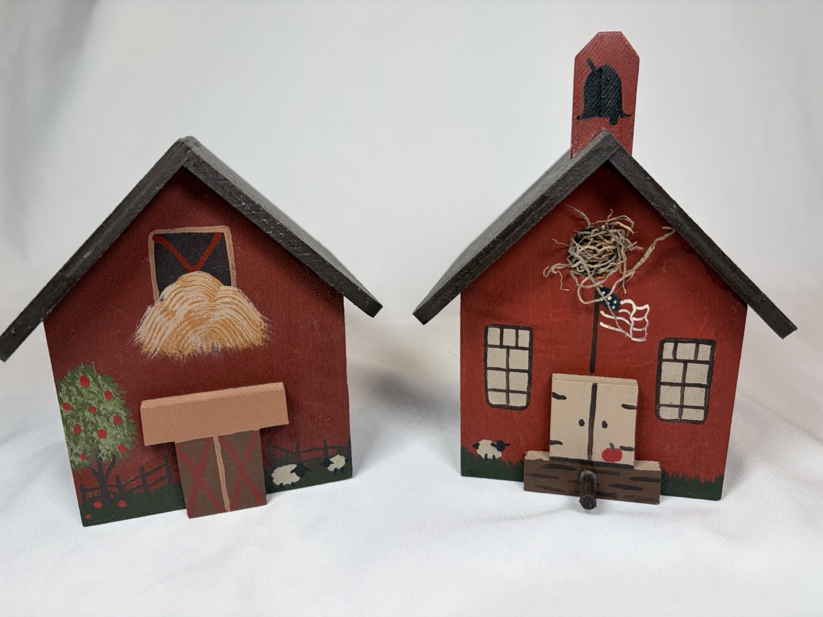 2 VTG Primitive Folk Art Wood Block Village Houses Set 4.5”Handmade & Painted