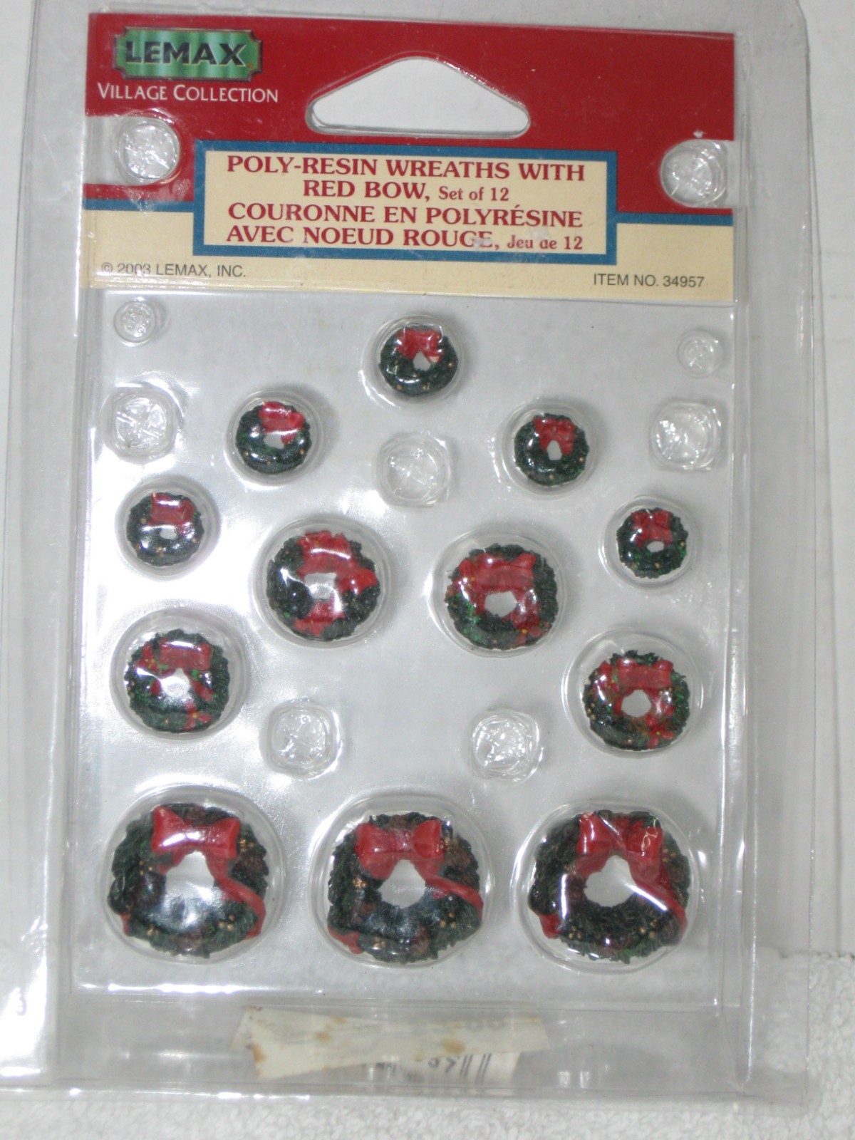 LEMAX ~ POLY-RESIN WREATHS WITH RED BOW ~ SET OF 12 ~ VILLAGE COLLECTION