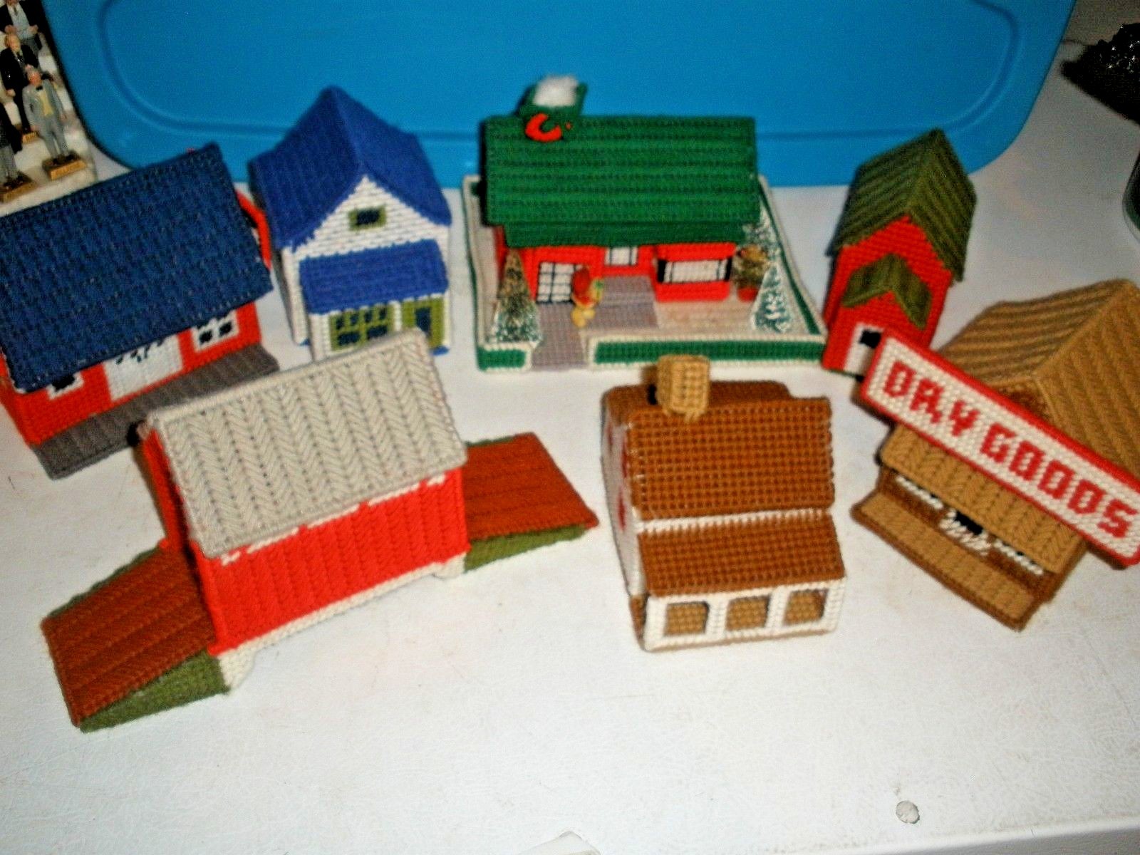 Vintage lot of Handmade Plastic Canvas village Houses Depot, covered bridge, Sch