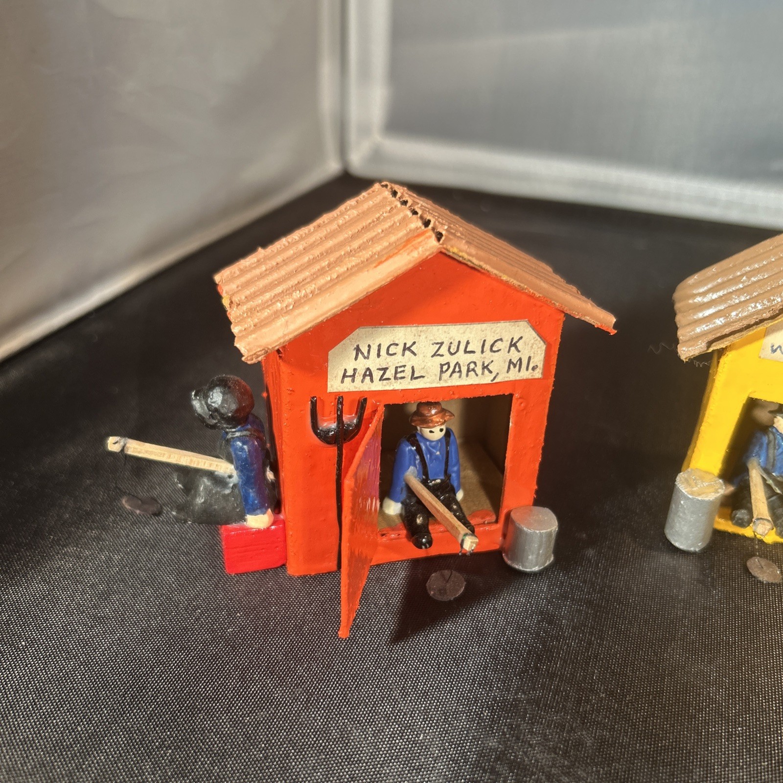 3 Vintage 80’s Painted Wood Christmas Village Ice Shanty W/Fishermen Folk Art 3”