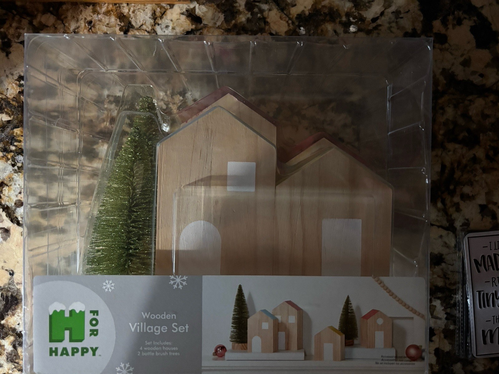H for Happy 6 pc Wooden Village Holiday Christmas Set New