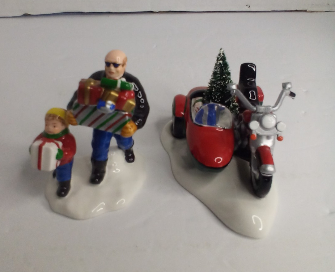Department 56 Snow Village Harley Davidson Man Boy Presents Bike Sidecar Figures