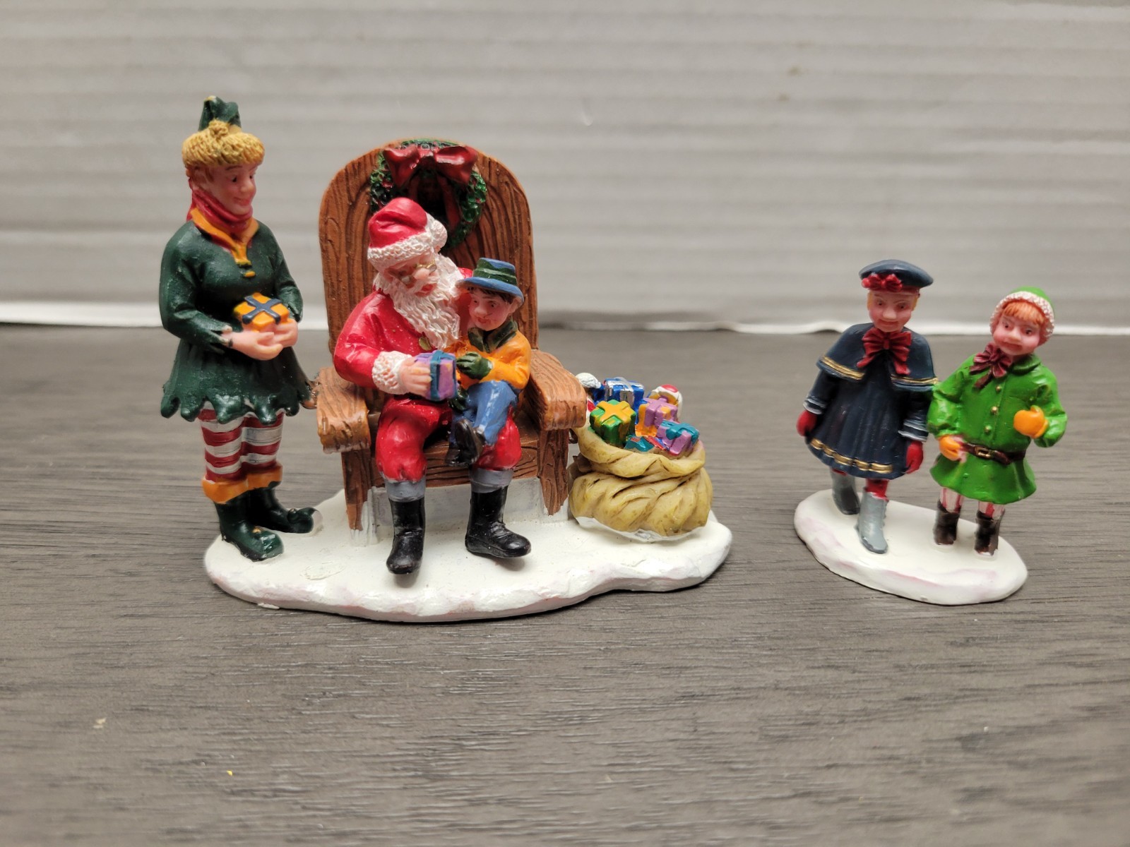Lemax Snow Christmas Village Resin Figurine Boy On Santa’s Lap W/ Elf & 2 Girls