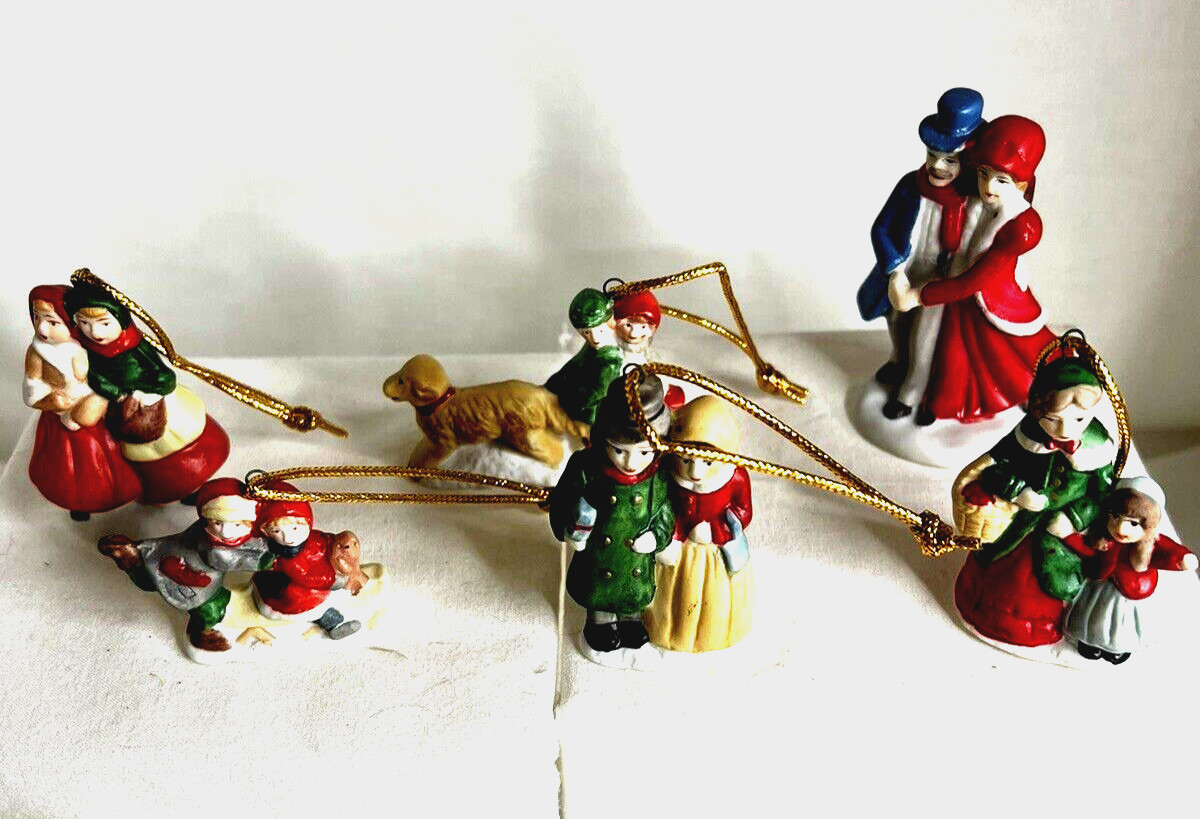 6 Vintage Bisque Christmas Village People Ornaments Made in Taiwan