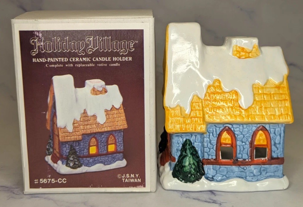 Vintage Holiday Village Hand Painted Blue Chapel Ceramic Votive Candle Holder