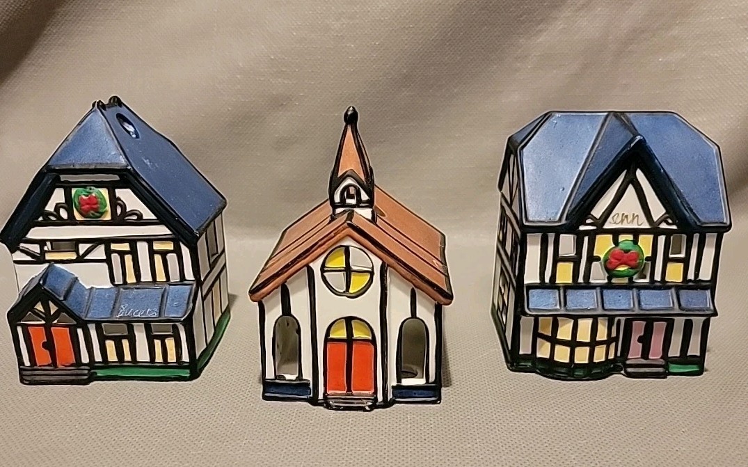 3 pc Christmas Snow Village House – Church – Inn Votive Tea Light Candle Ceramic