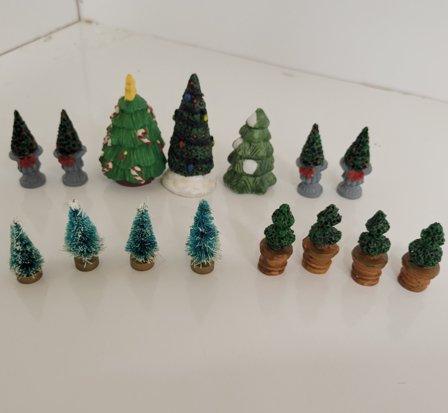 Vintage Christmas Village Miniature Tree Lot of 15 Bottle Brush Resin Porcelain