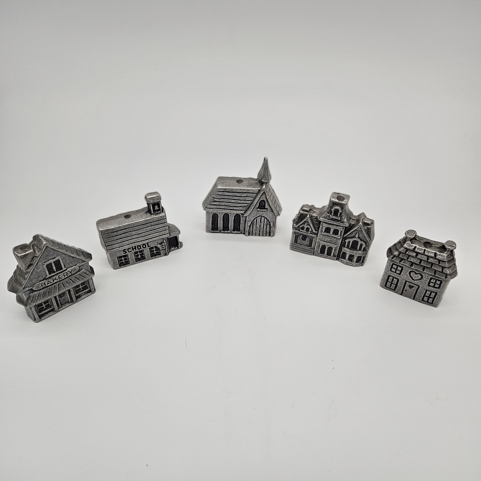 Vintage Carson Pewter Village Set Of 5 Reversible Buildings 1980’s
