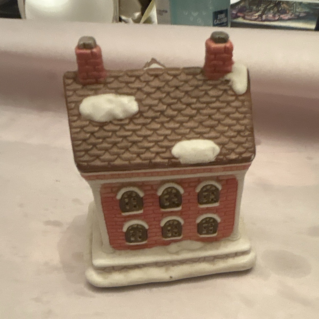 Painted Ceramic & Porcelain Christmas Village Library House Figurine, Snowy