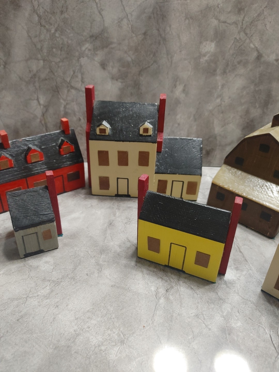 Primitive Folk Art Wood Block Village Houses Set Of 7 Handmade Painted Buildings