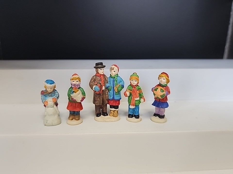 Vintage Christmas Village Mini Figurines Lot 5 Children Ball Presents Snow Adult