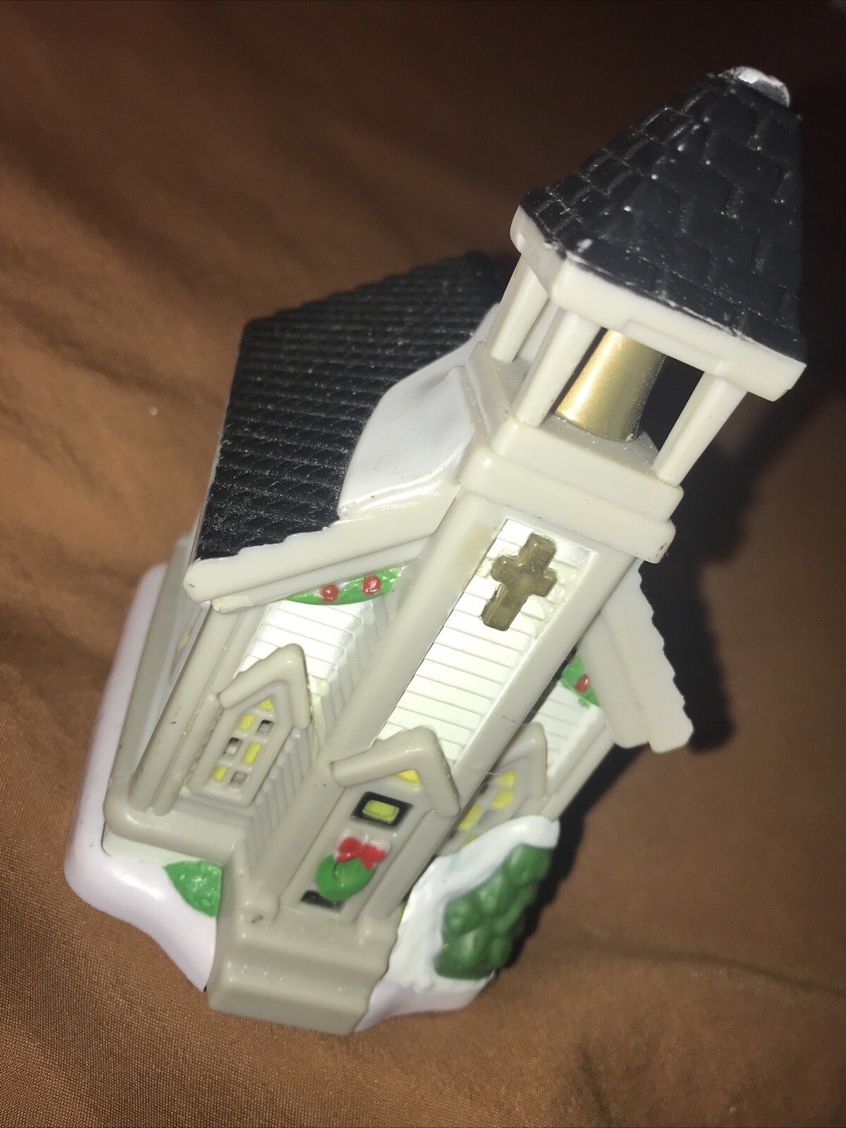 Tea Light Candle Plastic Church Chapel. Gray Snow Covered Church W/ Black Roof