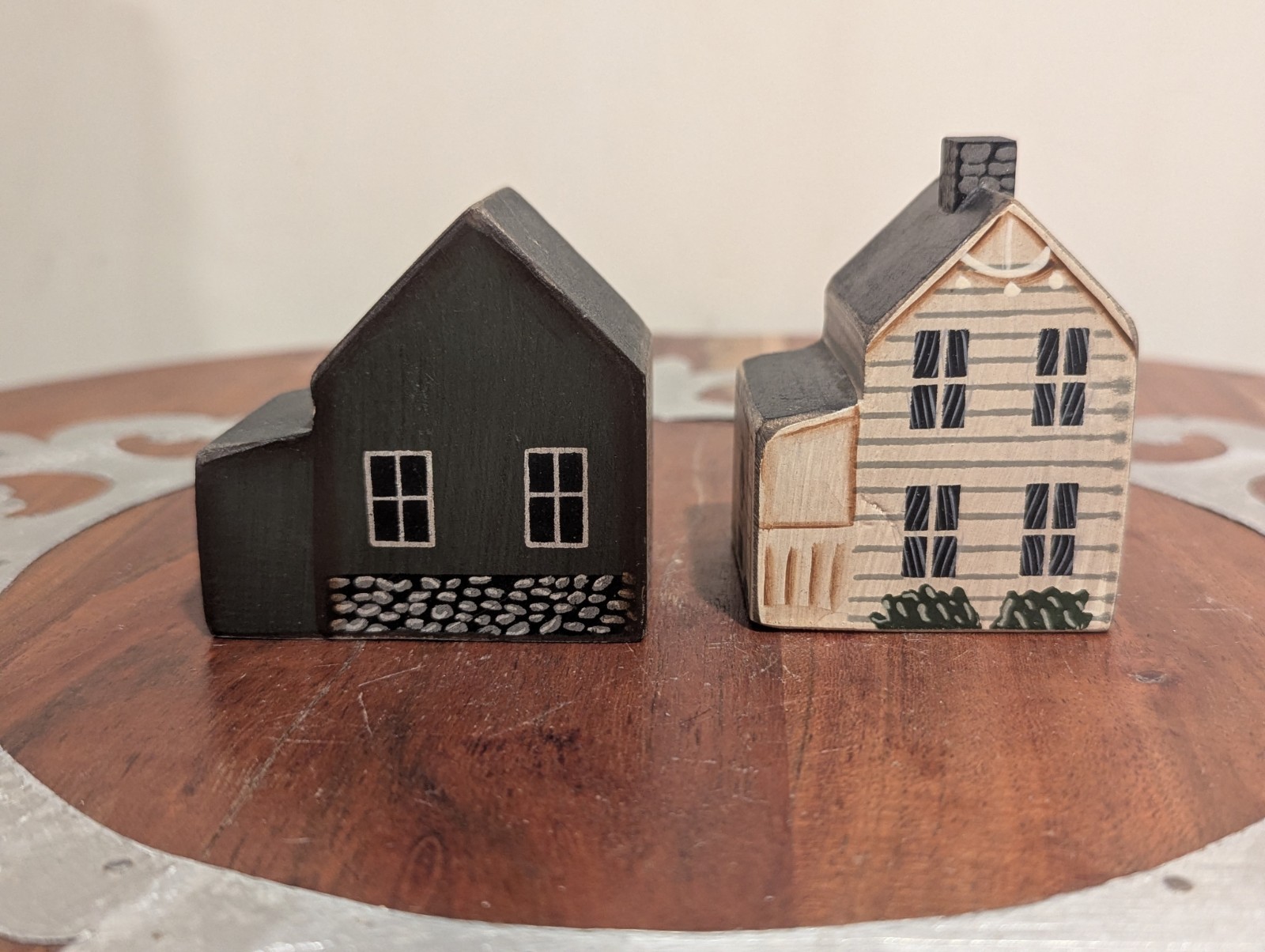 Two Unbranded Primitive Miniature Solid Wood Village Saltbox House Decorations