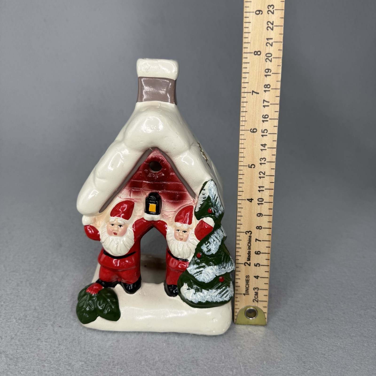 Rare Vintage Chalkware Tea Light Candle Holder House Santa Clau Christmas