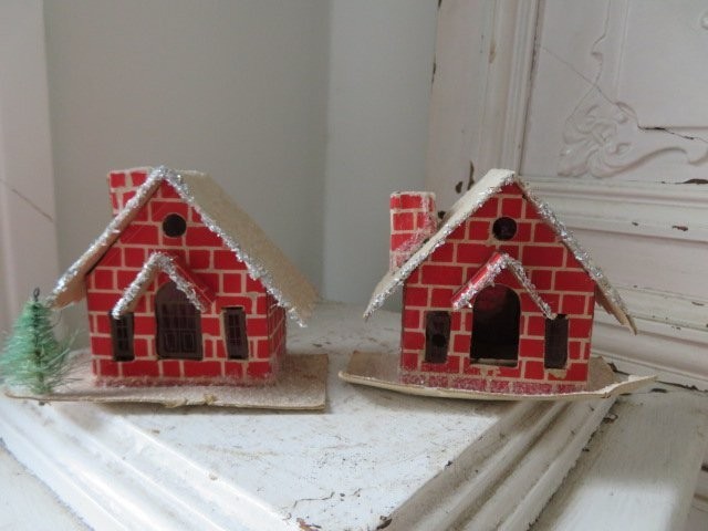 2 Vintage RED BRICK PUTZ Cardboard HOUSES Mica Snow Tree CHRISTMAS
