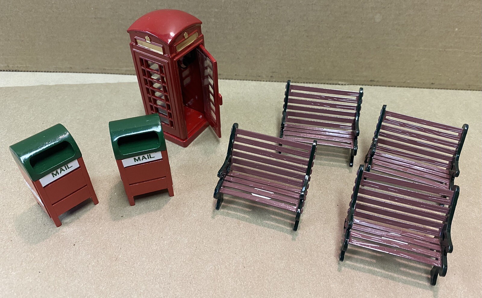 Miniature, Metal Village Accessory Lot-4 Benches, 2 Mailboxes & A Phone Booth
