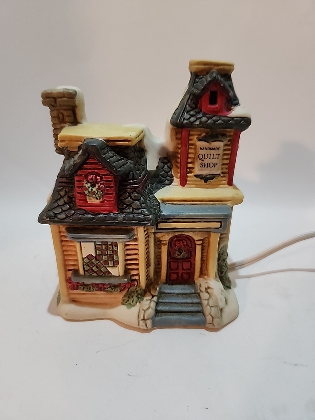 Victorian Quilt Shop Small Porcelain Christmas Village With Light 5″