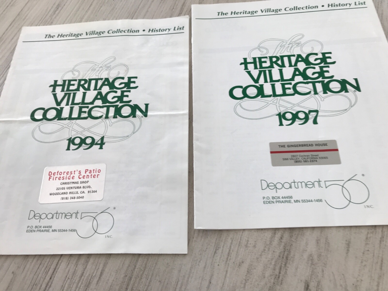 Heritage Village Collection Dept. 56 ~set of 2 HISTORY LISTS 1994 & 1996