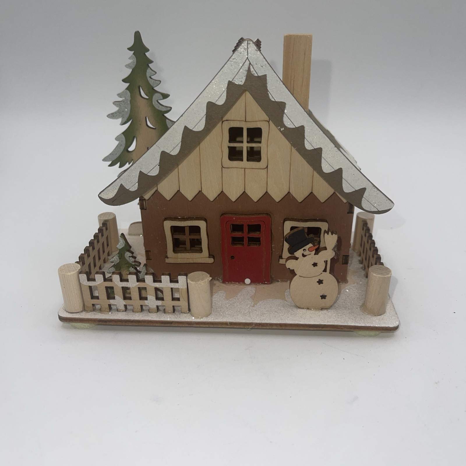 Wooden Christmas House Snowman Tree Figurine Tabletop Decoration Lights Up