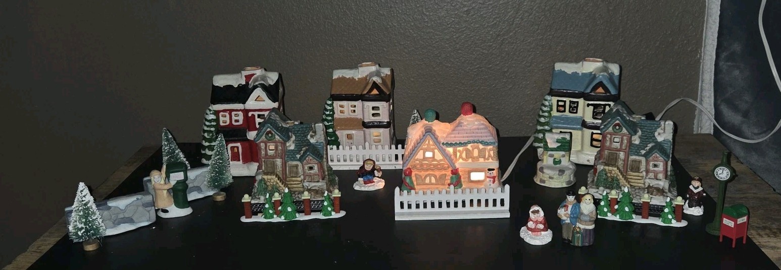 Hand Painted Ceramic Christmas Village Set with Homes, Trees, Figures & Boxes.