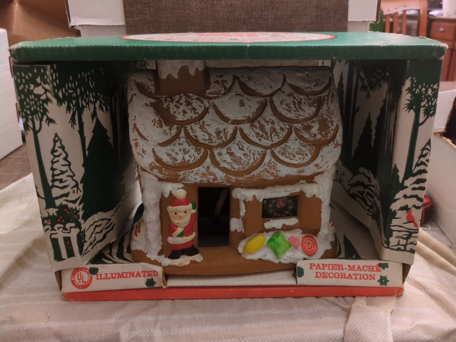 Vintage LIGHT UP CERAMIC CHRISTMAS HOUSE & TREE COMBO/SANTA CHIMNEY With Box