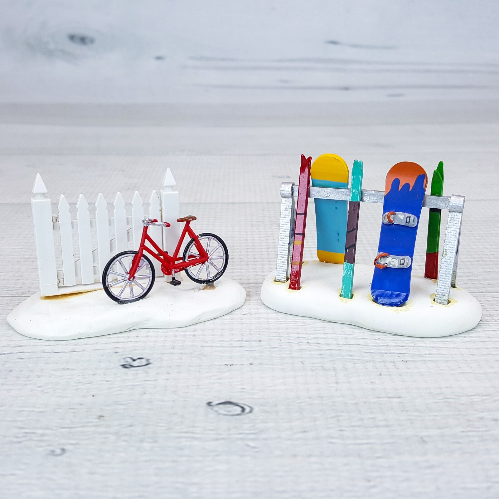 Lemax Village Figures 2pcs Red Bicycle w/ Picket Fence & Snowboard Ski Rack